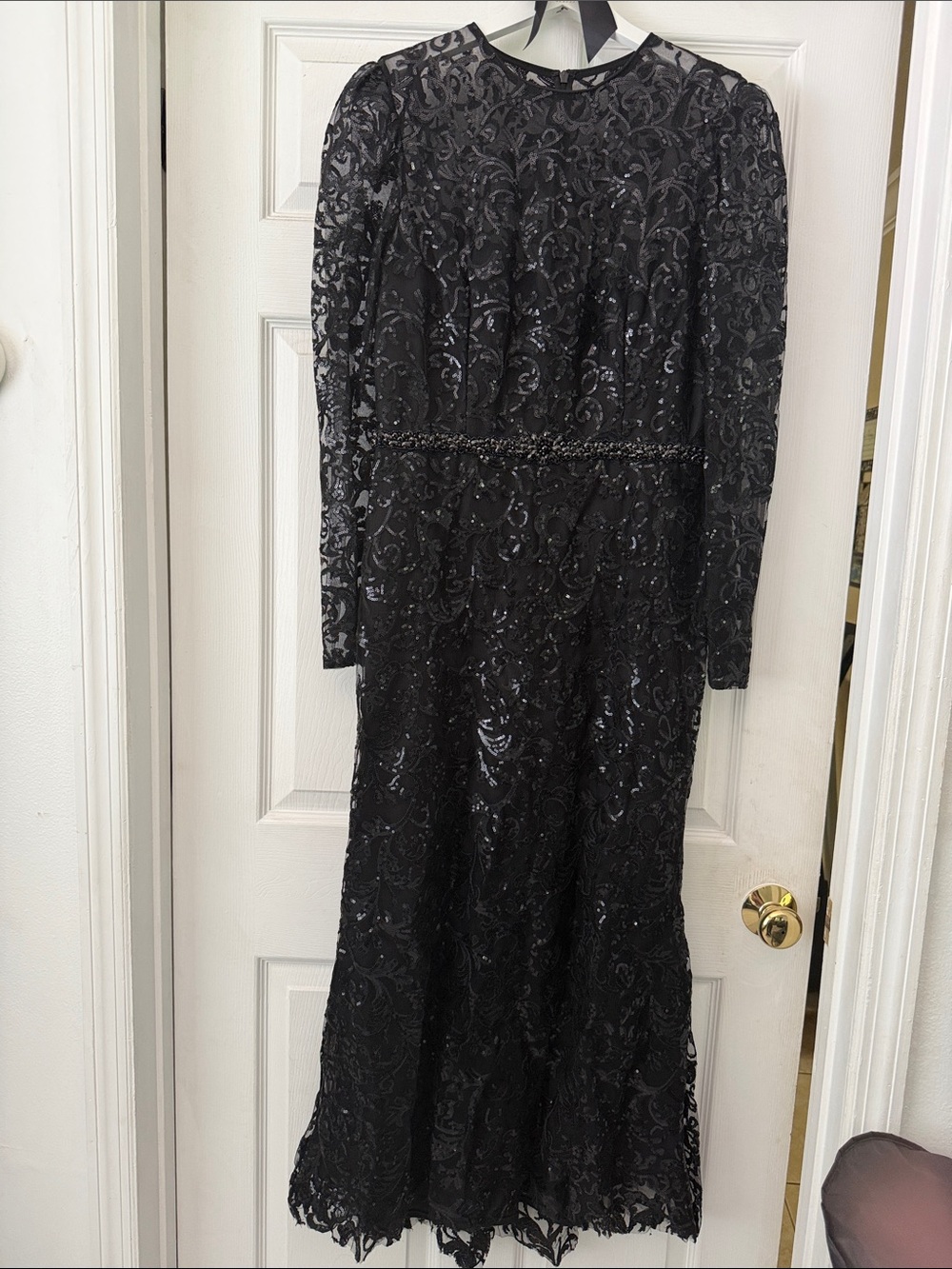 Mac Duggal Black Long Sleeve Beaded Lace Gown
